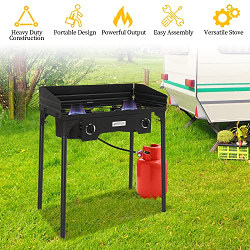 ROVSUN 2 Burner Outdoor Propane Gas Stove with Windscreen, 150,000 BTU High Pressure Stand Cooker for Backyard Cooking Camping Home Brewing Canning Turkey Frying, 20 PSI Regulator