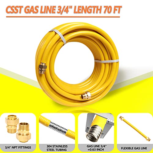 Grehitk 70ft 3/4'' Flexible Gas Line, CSST Corrugated Stainless Steel Tubing Pipe Kit, Natural Gas Line Propane Pipe Conversion Kit Grill Hose with 2 Male Adapter Fittings (70ft 3/4'')