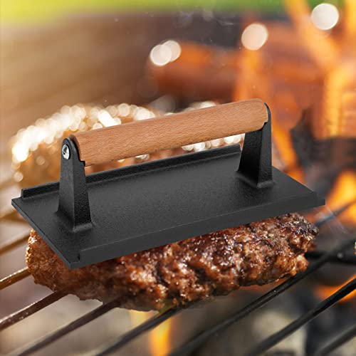 only fire Cast Iron Meat Press Grill Press with Wooden Handle, Great for Squeezing Fat from Meats, Flattening Bacon, Paninis, and Burgers