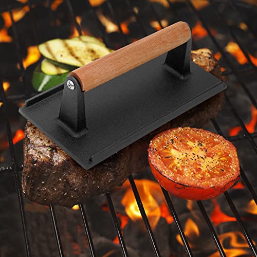 only fire Cast Iron Meat Press Grill Press with Wooden Handle, Great for Squeezing Fat from Meats, Flattening Bacon, Paninis, and Burgers