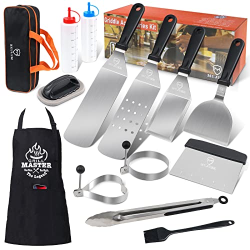 Blackstone Grill Accessories Set for Griddle, MUJUZE Blackstone Grill Tools Set Gifts for Men-with Custom Apron, Stainless Steel Spatulas Set, Teppanyaki and Camping Grill Accessories