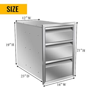 KODOM Outdoor Kitchen Drawers Stainless Steel Flush Mount BBQ Triple Drawers for Outdoor Kitchen Island, or Patio Grill Station (Overall Size:14" W x 21" H x 23" D inch)