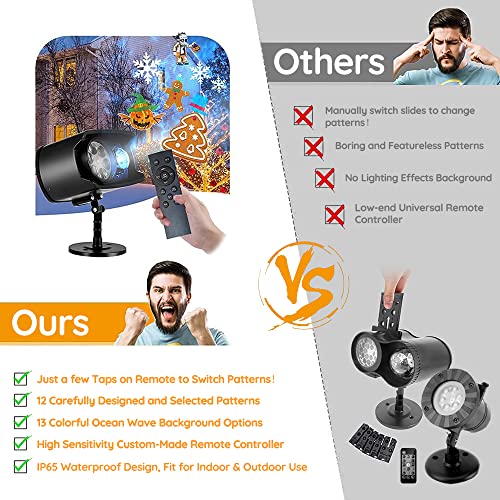 Christmas Projector Lights, 2 in 1 Christmas Outdoor Decoration Projector - 12 Exclusive Patterns + 3D Ocean Wave Projection for Xmas New Year Festival Party Indoor Outdoor Garden Decorations