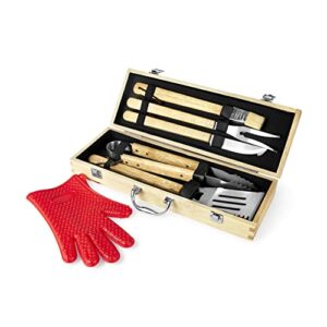 makerflo bbq grill accessories set, barbecue 11 pieces maple wood toolbox, stainless steel utensils with gloves, organized outdoor cooking camping grilling rust free portable kit, gifts for men