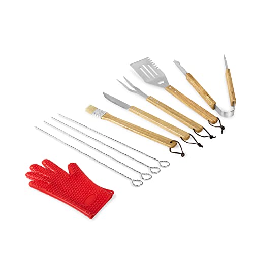 Makerflo BBQ Grill Accessories Set, Barbecue 11 Pieces Maple Wood Toolbox, Stainless Steel Utensils with Gloves, Organized Outdoor Cooking Camping Grilling Rust Free Portable Kit, Gifts for Men