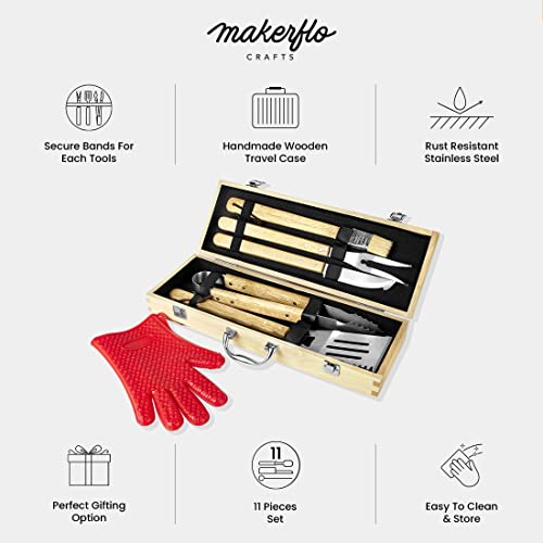 Makerflo BBQ Grill Accessories Set, Barbecue 11 Pieces Maple Wood Toolbox, Stainless Steel Utensils with Gloves, Organized Outdoor Cooking Camping Grilling Rust Free Portable Kit, Gifts for Men