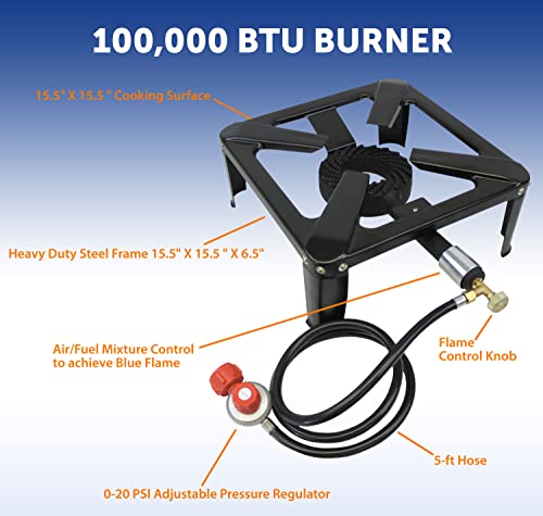 Flame King Heavy Duty 100,000 BTU, 0-20 PSI, Turkey Fryer Single Propane Burner Bayou Cooker, Outdoor Stove for Home Brewing, Maple Syrup Prep, Cajun Cooking