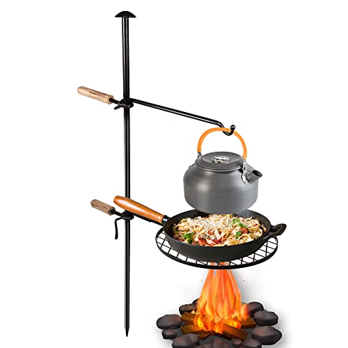 Campfire Grill Grate Fire Pit Grill Grate Open Fire Cooking Equipment Swivel Campfire Grill with Heat Resistant Adjustable Griddle Plate to Cook Food Over Open Camp Fire for Outdoor Camping BBQ Black