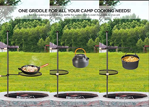 Campfire Grill Grate Fire Pit Grill Grate Open Fire Cooking Equipment Swivel Campfire Grill with Heat Resistant Adjustable Griddle Plate to Cook Food Over Open Camp Fire for Outdoor Camping BBQ Black