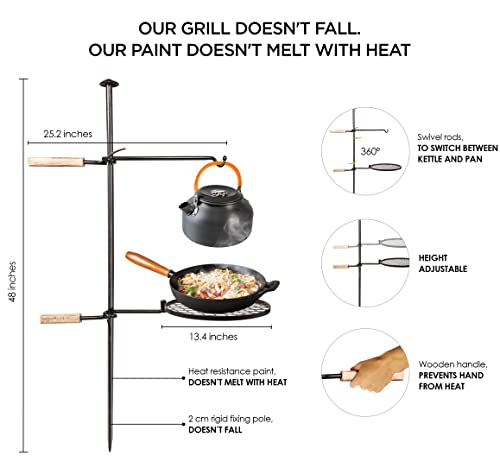 Campfire Grill Grate Fire Pit Grill Grate Open Fire Cooking Equipment Swivel Campfire Grill with Heat Resistant Adjustable Griddle Plate to Cook Food Over Open Camp Fire for Outdoor Camping BBQ Black