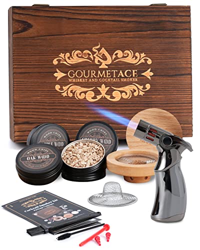 Cocktail Smoker Kit with Torch – Drink Smoker Infuser Kit with Pro Torch, Nozzles & Lid – 100% Natural Hickory, Oak, Cherry & Apple Wood Chips – Smoked Cocktail, Bourbon or Whiskey Kit (No Butane)