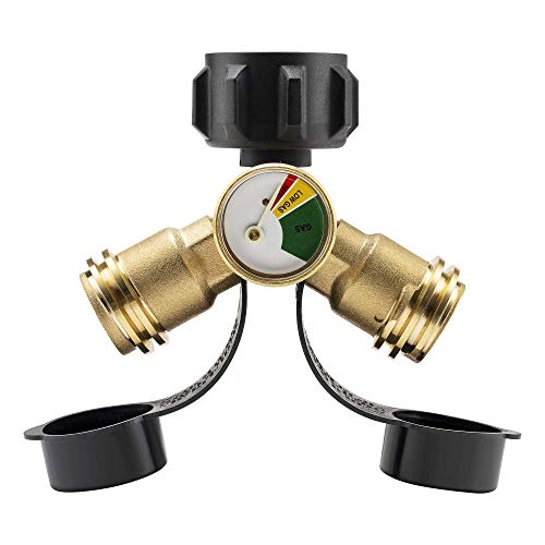 LICHAMP Propane Splitter, 2 Way Y Splitter Adapter with Gauge for Propane Tank, LP Gas Adapter Tee Connector for 20lb Propane Tank Cylinder, RV Camper, BBQ Grill, Camping Stoves, Gas Burners, Heater