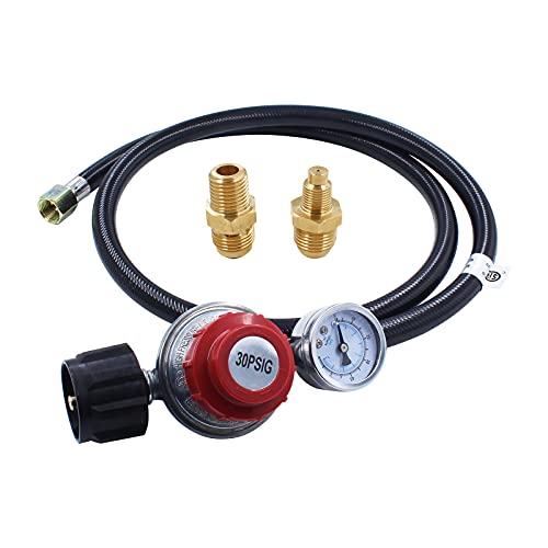 MOFLAME 4 FT 0-30 PSI High Pressure Adjustable Propane Regulator Hose with Gauge 0~60PSI Gas Flow Indicator, 3/8" Male Flare to1/4 NPT, M8x1Male Thread for Gas Burner, Turkey Fryer, Forge Burner