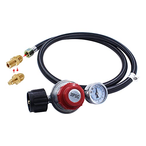 MOFLAME 4 FT 0-30 PSI High Pressure Adjustable Propane Regulator Hose with Gauge 0~60PSI Gas Flow Indicator, 3/8" Male Flare to1/4 NPT, M8x1Male Thread for Gas Burner, Turkey Fryer, Forge Burner