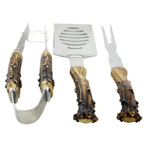 pine ridge antler handle 3 piece grilling utensils set – for barbecue outdoors style cooking, bbq starter pack tools, smoker accessories, stainless steel metal tongs, fork, spatula utensils