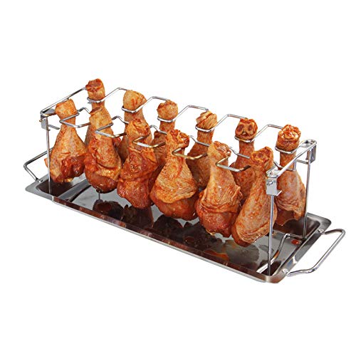 FIRELOOP Chicken Wing Leg Rack BBQ Chicken Drumsticks Rack Stainless Steel Hang Up to 12 Chicken Legs or Wings, Metal Roaster Stand with Drip Tray for Kamado Joe Big Green Egg, Smoker Grill or Oven