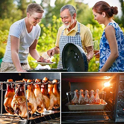 FIRELOOP Chicken Wing Leg Rack BBQ Chicken Drumsticks Rack Stainless Steel Hang Up to 12 Chicken Legs or Wings, Metal Roaster Stand with Drip Tray for Kamado Joe Big Green Egg, Smoker Grill or Oven