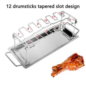 FIRELOOP Chicken Wing Leg Rack BBQ Chicken Drumsticks Rack Stainless Steel Hang Up to 12 Chicken Legs or Wings, Metal Roaster Stand with Drip Tray for Kamado Joe Big Green Egg, Smoker Grill or Oven