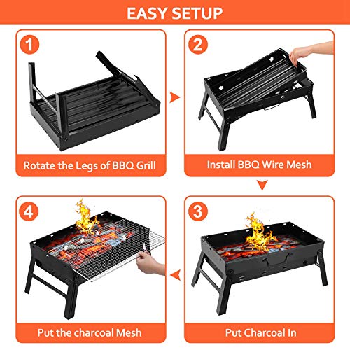 Folding Portable Barbecue Charcoal Grill, Moclever Stainless Steel Small Charcoal Grill, Mini BBQ Tool Kits for Outdoor Cooking Camping Picnics Beach