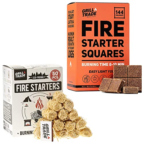 Grill Trade Fire Starter Squares 144, Easy Burn Your BBQ Grill, Camping Fire, Wood Stove, Smoker Pellets, Lump Charcoal &Natural Fire Starters Burn Wood Stove Grill Fireplace Camping Pit BBQ Charcol