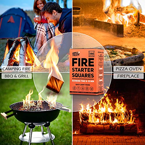 Grill Trade Fire Starter Squares 144, Easy Burn Your BBQ Grill, Camping Fire, Wood Stove, Smoker Pellets, Lump Charcoal &Natural Fire Starters Burn Wood Stove Grill Fireplace Camping Pit BBQ Charcol