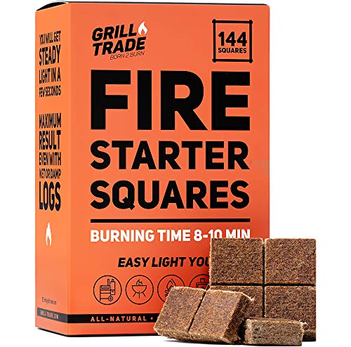 Grill Trade Fire Starter Squares 144, Easy Burn Your BBQ Grill, Camping Fire, Wood Stove, Smoker Pellets, Lump Charcoal &Natural Fire Starters Burn Wood Stove Grill Fireplace Camping Pit BBQ Charcol