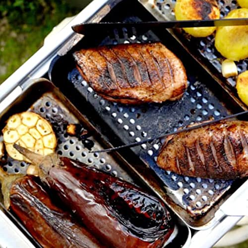 BBQration 3-in-1 Grill Basket Set, Thick Stainless Steel 3 Grilling Baskets, Serving Tray and Movable Handle, Perfect For Grilling Veggies Meats and Fish