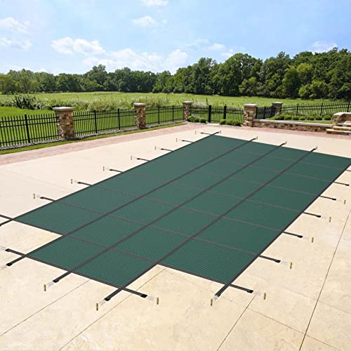 Pool Safety Cover Fits for Rectangle Inground Safety Pool Cover PP Green Mesh Inground Pool Covers 18x36ft with 4x8ft Center Steps Includes All Needed Hardware for Swimming Pool Winter Safety Cover