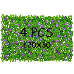 betterhood expandable fence privacy screen, 4 pack decorative faux ivy greenery fencing panel for balcony patio outdoor, artificial hedges screen, purple flower (single sided leaves)