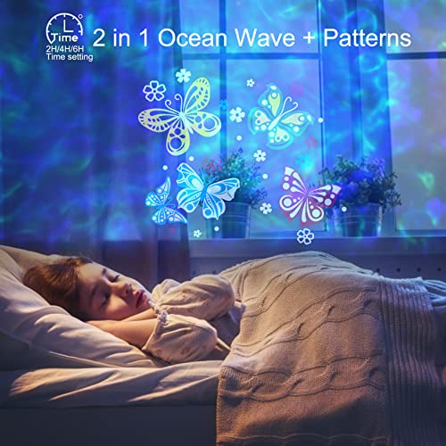 Christmas Projector Lights Outdoor - 2-in-1 3D Ocean Wave & Patterns LED Landscape Holiday Night Lights Waterproof with RF Remote Control Timer for Halloween Xmas Party Garden Decorations