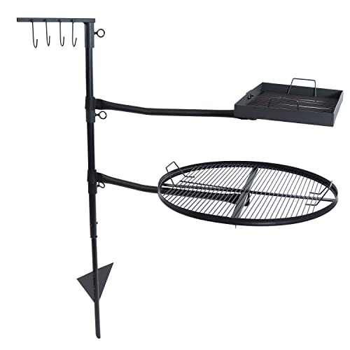 Sunnydaze Dual Campfire Steel Cooking Grill Grate Swivel System - Outdoor Adjustable Fire Pit BBQ Grilling Accessory Set with Stand - Ground Stake with 2 Swing Grates