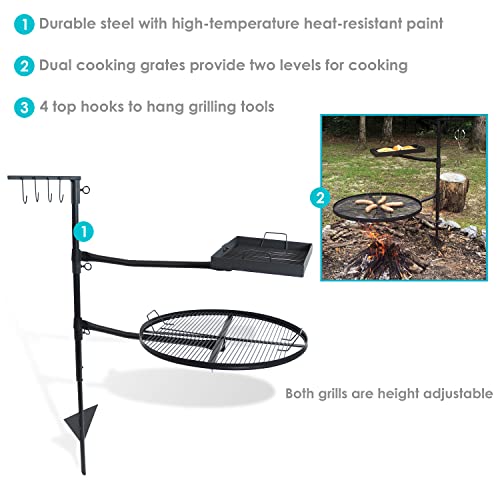 Sunnydaze Dual Campfire Steel Cooking Grill Grate Swivel System - Outdoor Adjustable Fire Pit BBQ Grilling Accessory Set with Stand - Ground Stake with 2 Swing Grates