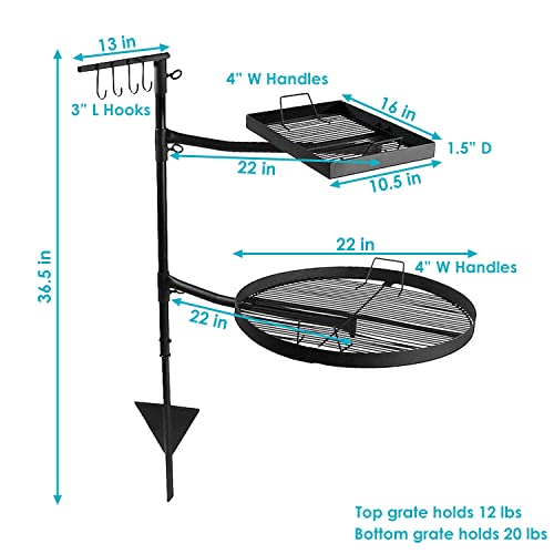 Sunnydaze Dual Campfire Steel Cooking Grill Grate Swivel System - Outdoor Adjustable Fire Pit BBQ Grilling Accessory Set with Stand - Ground Stake with 2 Swing Grates