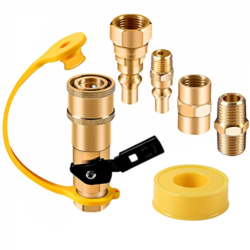 RV Propane Quick Connect Fittings Adapter Valve for Campers 3/8” Flare x 1/4” NPT Male Pipe Half-Union Fitting to Heater Appliance Plug with 3/8” Female Flare Assembly Kit Convert Gas BBQ Grill