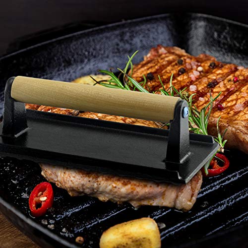 GADGETWIZ Enameled Bacon Press- Anti Rust Cast Iron Grill Press- Meat Press- Burger Press- Burger Smasher- Steak Grill Weight- Commercial Grade-with Cool Touch Wooden Handle-8"X 4"