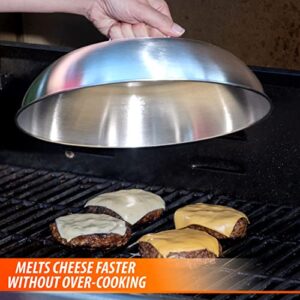 12 Inch Grill Dome Cover, BBQ Grill Accessory Melts Cheese, Cooks Burgers Faster and Prevents Splatter, for Indoor or Outdoor Use, Stainless Steel with Wire Handle