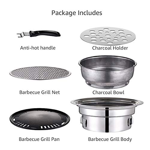 Baffect BBQ Charcoal Grill, 13.7 inch Non-stick Stainless Steel Korean Barbecue Grill, Portable Charcoal Stove for Outdoors Camping Picnic and Indoor Party Cooking