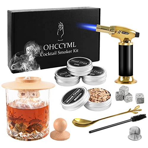 Cocktail Smoker Kit with Torch, Old Fashioned Whiskey Bourbon Smoker Kit with 4 Natural Fruit Wood Chips & 4 Ice Stones Cocktail Drink Smoker Infuser Kit- Gifts for Men,Father,Lovers (No Butane)