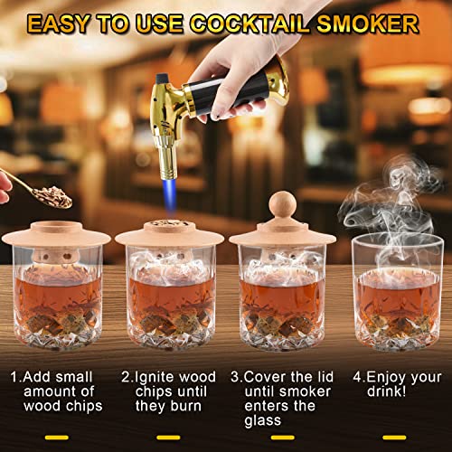 Cocktail Smoker Kit with Torch, Old Fashioned Whiskey Bourbon Smoker Kit with 4 Natural Fruit Wood Chips & 4 Ice Stones Cocktail Drink Smoker Infuser Kit- Gifts for Men,Father,Lovers (No Butane)