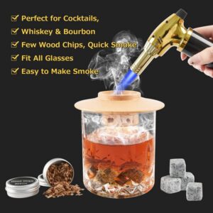 Cocktail Smoker Kit with Torch, Old Fashioned Whiskey Bourbon Smoker Kit with 4 Natural Fruit Wood Chips & 4 Ice Stones Cocktail Drink Smoker Infuser Kit- Gifts for Men,Father,Lovers (No Butane)