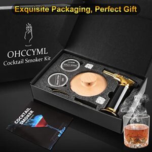 Cocktail Smoker Kit with Torch, Old Fashioned Whiskey Bourbon Smoker Kit with 4 Natural Fruit Wood Chips & 4 Ice Stones Cocktail Drink Smoker Infuser Kit- Gifts for Men,Father,Lovers (No Butane)