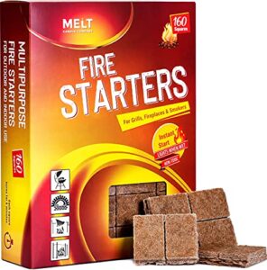 fire starter squares 160 – fire starter pack for chimney, grill pit, fireplace, campfire, bbq & smoker – water resistant and odourless – camping accessories