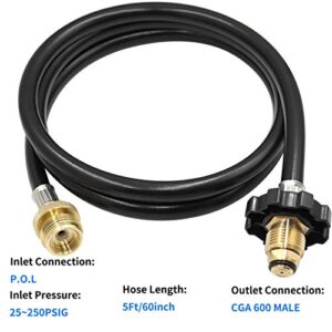 Propane Adapter Hose 5FT 1lb to 20lb POL Male Hose Compatible with Buddy Heater, Coleman Stove, Portable Grill,1lb Male Throwaway Cylinder Thread CGA600 Outlet to 5-100lb Tank CSA Certified 2Pack