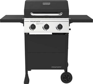 megamaster 3-burner propane gas grill with 2 foldable side tables, 30000 btus, perfect for camping, outdoor cooking, patio and garden barbecue grill, silver and black, 720-0988ea