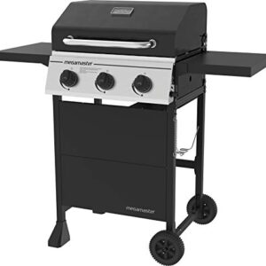 Megamaster 3-Burner Propane Gas Grill with 2 Foldable Side Tables, 30000 BTUs, Perfect for Camping, Outdoor Cooking, Patio and Garden Barbecue Grill, Silver and Black, 720-0988EA