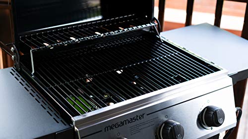 Megamaster 3-Burner Propane Gas Grill with 2 Foldable Side Tables, 30000 BTUs, Perfect for Camping, Outdoor Cooking, Patio and Garden Barbecue Grill, Silver and Black, 720-0988EA