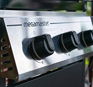 Megamaster 3-Burner Propane Gas Grill with 2 Foldable Side Tables, 30000 BTUs, Perfect for Camping, Outdoor Cooking, Patio and Garden Barbecue Grill, Silver and Black, 720-0988EA