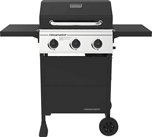 Megamaster 3-Burner Propane Gas Grill with 2 Foldable Side Tables, 30000 BTUs, Perfect for Camping, Outdoor Cooking, Patio and Garden Barbecue Grill, Silver and Black, 720-0988EA