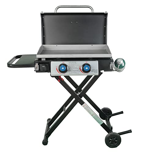 Razor Griddle GGC2030M 25 Inch Outdoor 2 Burner Portable LP Propane Gas Grill Griddle w/Top Cover Lid, Wheels, & Shelf for BBQ Cooking, Black (Steel)