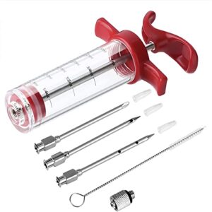 meat injector syringe – 3 marinade injector needles for bbq grill, premium portable turkey injector kit for smoker,marinades injector for meats with 1oz large capacity 1 brush easy to use & clean red